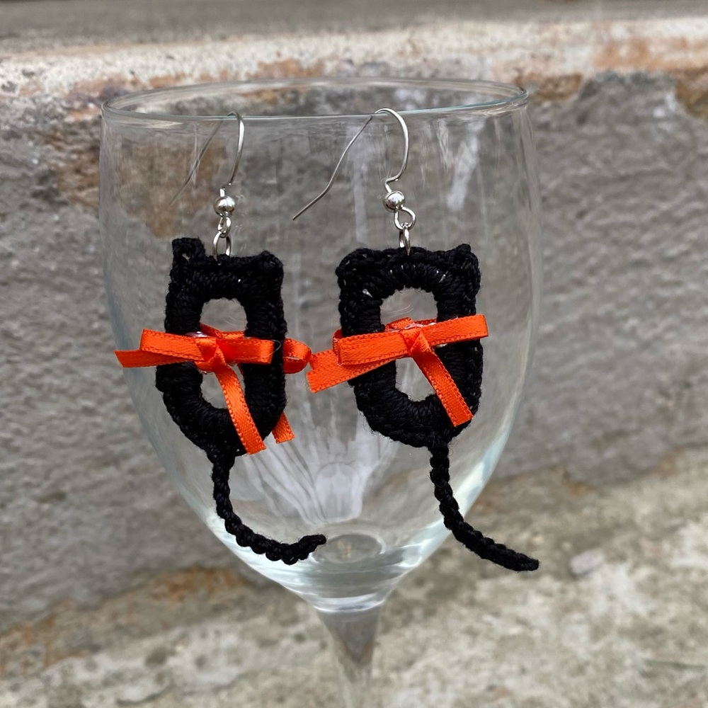 Black Crochet Cat Earrings with Orange Bows